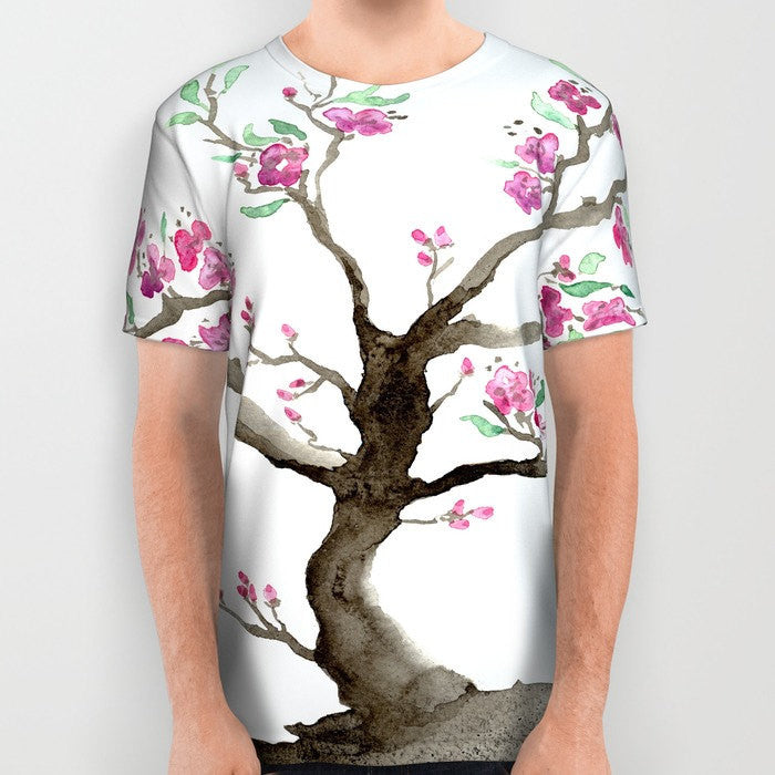 Designer Clothing - Sakura Tree Cherry Blossom Painting - Artistic All Over Printed T Shirt Brazen Design Studio White Smoke