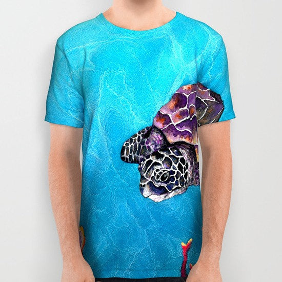 Designer Clothing - Sea Turtle Painting - Artistic All Over Printed T Shirt Brazen Design Studio Turquoise