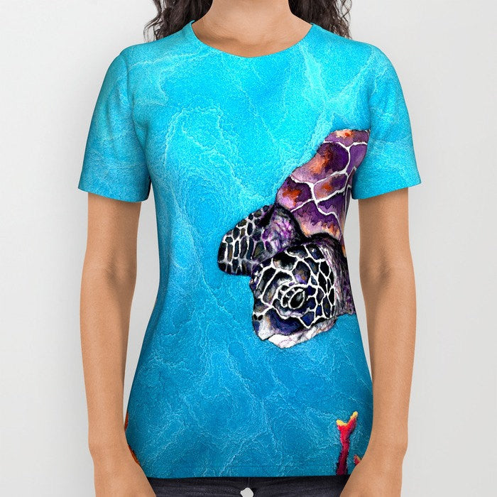 Designer Clothing - Sea Turtle Painting - Artistic All Over Printed T Shirt Brazen Design Studio Dodger Blue