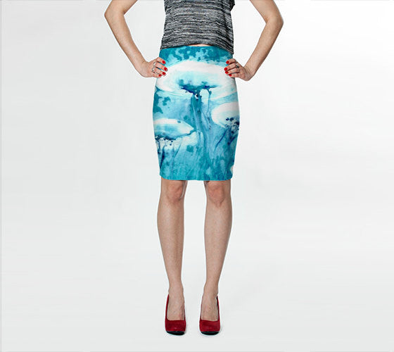Designer Clothing - Jellyfish Ocean Painting - Printed Pencil Skirt Brazen Design Studio Cadet Blue
