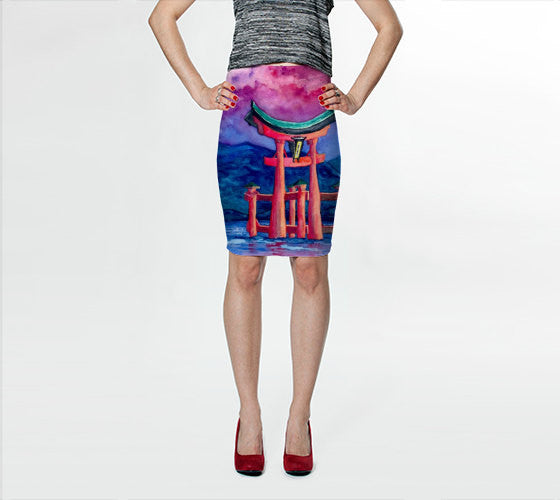 Designer Clothing - Japanese Temple Painting - Printed Pencil Skirt Brazen Design Studio Rosy Brown