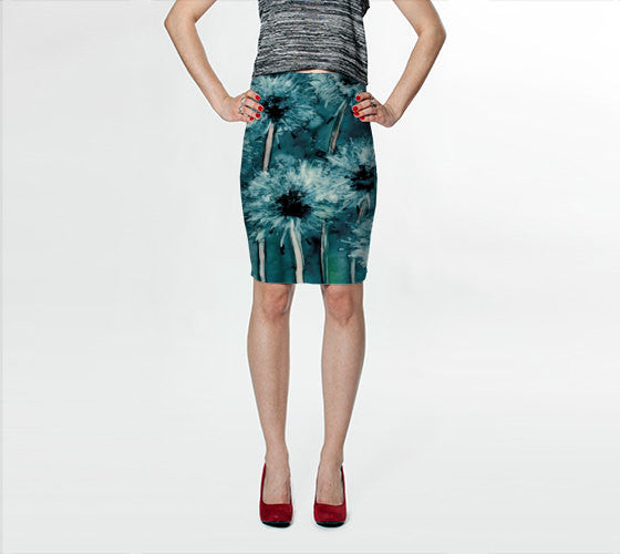 Designer Clothing - Dandelion Floral Painting - Printed Pencil Skirt Brazen Design Studio Dark Slate Gray