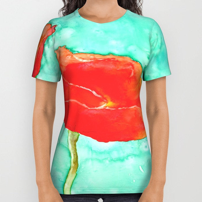 Designer Clothing - Red Poppy Floral Painting - Artistic All Over Printed T Shirt Brazen Design Studio Orange Red