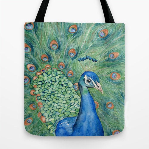 Art Tote Bag - Peacock Bird Watercolor Painting - Shopping Bag Brazen Design Studio Dark Sea Green