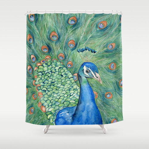 Peacock Shower Curtain Fine Art Painting - Artistic Bathroom - Modern Vibrant Bathroom Decor Brazen Design Studio Dark Sea Green