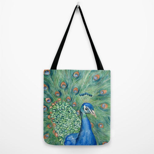 Art Tote Bag - Peacock Bird Watercolor Painting - Shopping Bag Brazen Design Studio Light Slate Gray