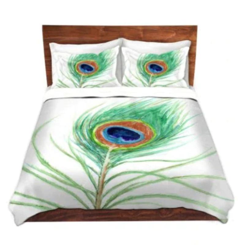 Peacock Feather Watercolor Painting  - Modern Bedding - Duvet or Comforter Brazen Design Studio Cadet Blue