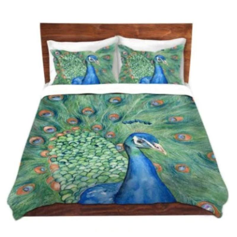 Peacock Watercolor Painting  - Modern Bedding - Duvet or Comforter Brazen Design Studio Dark Sea Green
