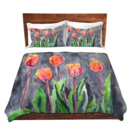 Tulips Watercolor Painting  - Modern Bedding - Duvet or Comforter Brazen Design Studio Slate Gray
