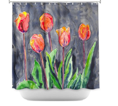 Shower Curtain Tulips Painting - Artistic Bathroom - Colorful Modern Vibrant Bathroom Decor Brazen Design Studio Dark Sea Green