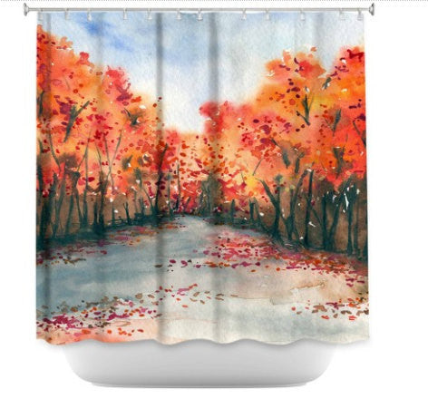 Shower Curtain Autumn Landscape Painting - Artistic Bathroom Decor Brazen Design Studio Coral