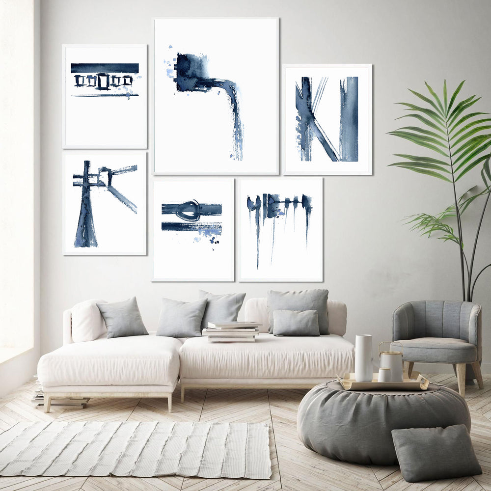 Art Print - Asymmetrical Abstract Composition Contemporary Indigo Watercolor Painting Brazen Design Studio White Smoke