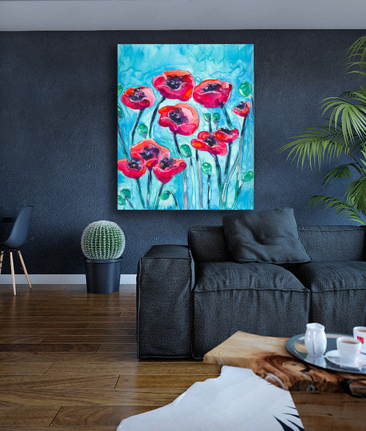 Artistic Poppies Floral Watercolour Painting - Red Flowers - Archival Art Print Brazen Design Studio Sky Blue