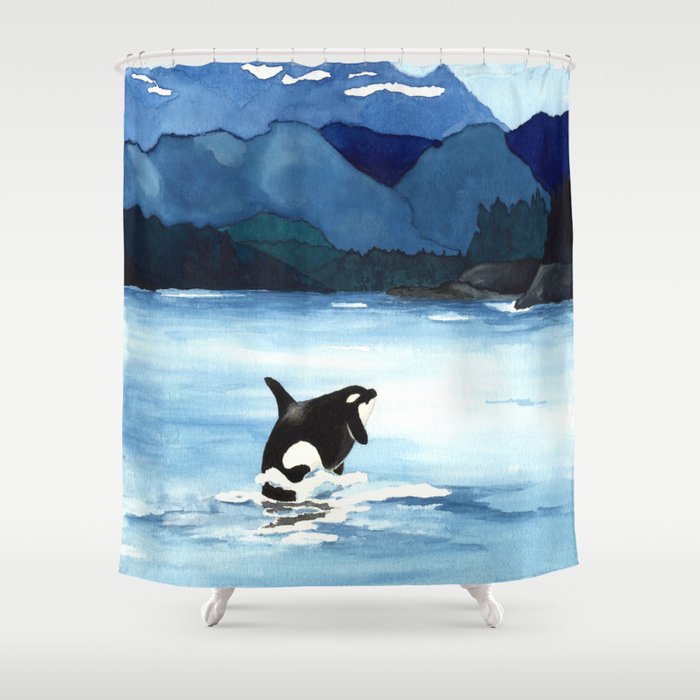 Orca Shower Curtain Watercolor Painting - Artistic Bathroom Decor Brazen Design Studio Dark Slate Blue