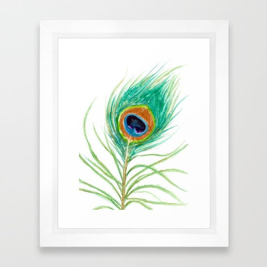 Watercolor Painting - Peacock Feather Art Print - Canvas or Paper Print Brazen Design Studio White Smoke