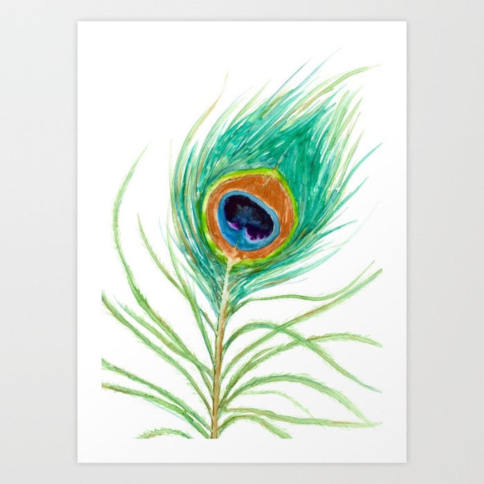 Watercolor Painting - Peacock Feather Art Print - Canvas or Paper Print Brazen Design Studio Chocolate