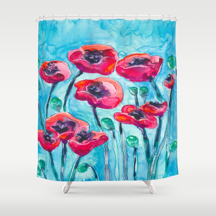 Shower Curtain Poppies Floral Painting - Artistic Bathroom - Colorful Modern Peaceful Bathroom Decor Brazen Design Studio Steel Blue