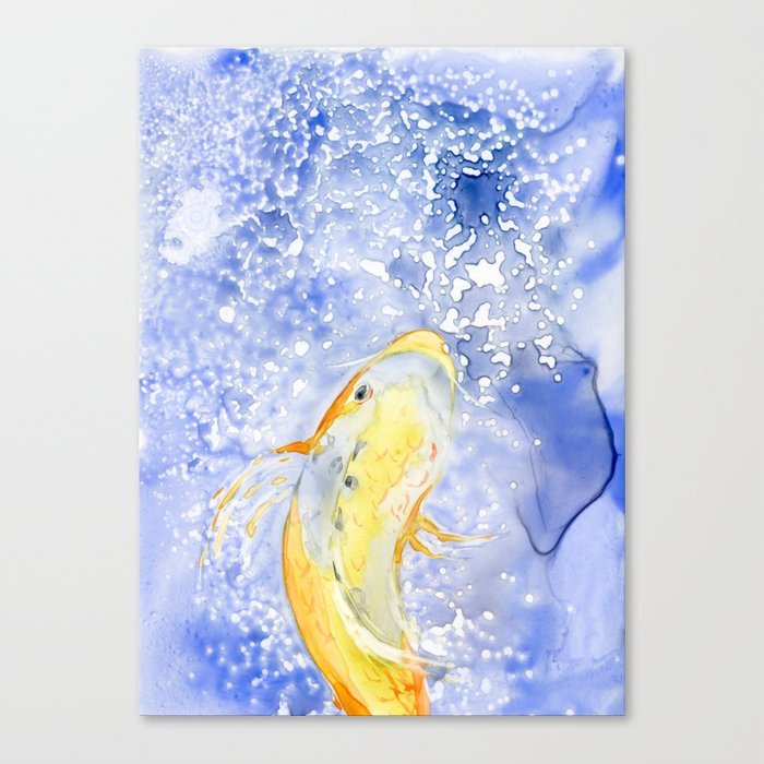 Watercolor Painting - Gold Koi Fish - Prosperity - Japanese Carp Art Print Brazen Design Studio Light Steel Blue