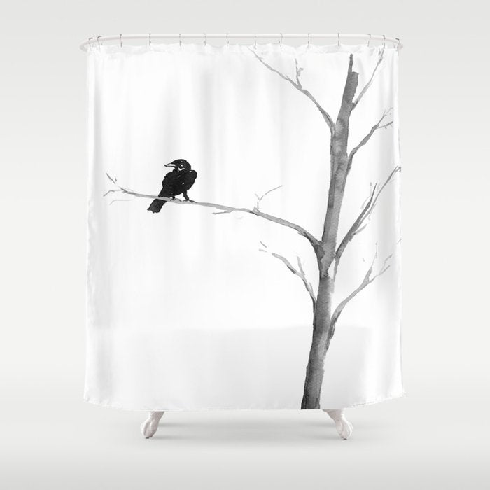 Raven Shower Curtain Watercolor Painting - Artistic Bathroom Decor Brazen Design Studio White Smoke