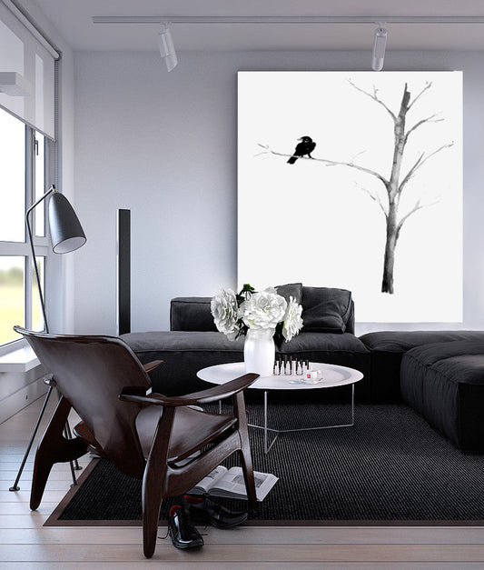 Ink Painting - Raven in a Tree - Mimimalist Art - Gothic Bird Sumi-e Art Print Brazen Design Studio White Smoke