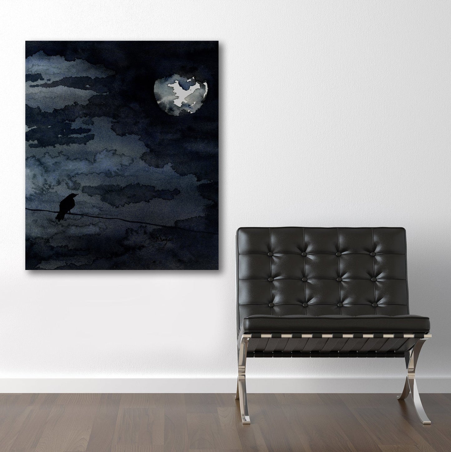 Watercolor Painting - Moonlit Raven - Full Moon Night Sky Bird Art Print Brazen Design Studio Black