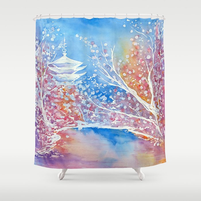 Shower Curtain Japanese Temple Cherry Blossom Painting - Artistic Bathroom Decor Brazen Design Studio Light Gray