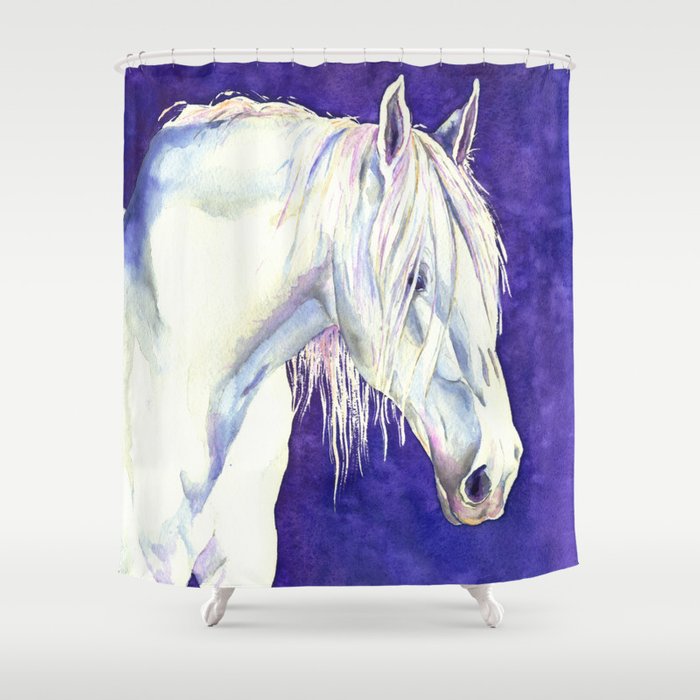 White Horse Shower Curtain Watercolor Painting - Artistic Bathroom Decor Brazen Design Studio Lavender