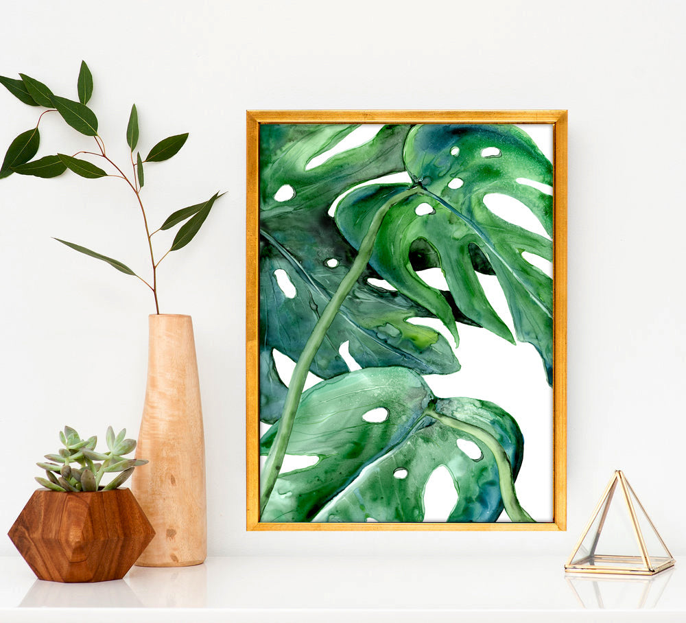 Monstera Philodendron Watercolor Painting - Botanical Nature Art Print Brazen Design Studio Sea Green