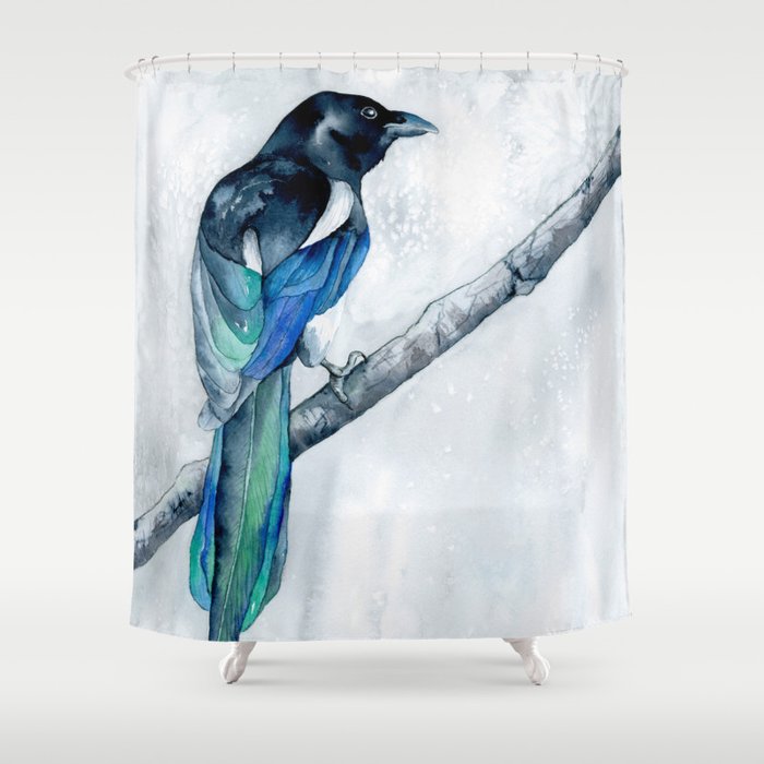 Magpie Shower Curtain Bird Watercolor Painting - Artistic Bathroom Decor Brazen Design Studio Lavender