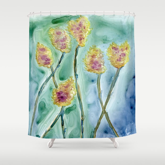 Shower Curtain Yellow Thistle Floral Painting - Artistic Bathroom Decor Brazen Design Studio Light Gray