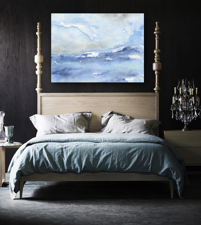 Watercolor Painting - Tempest Ocean Wave - Blue Seascape Art Print Brazen Design Studio Light Steel Blue